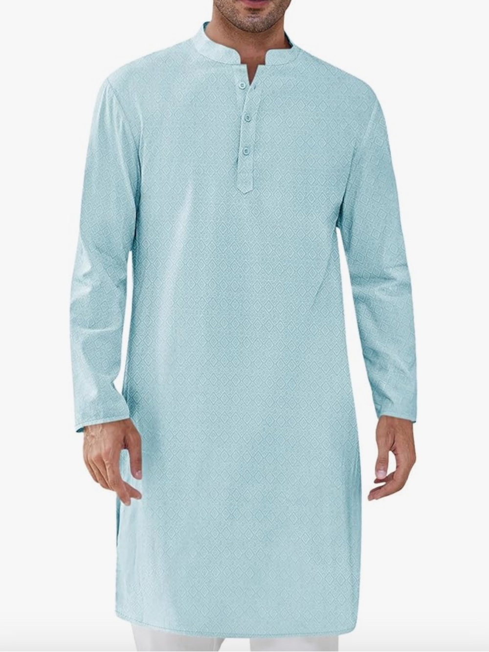 Light Blue Men's Long Kurta Shirt - Classic Band Collar
